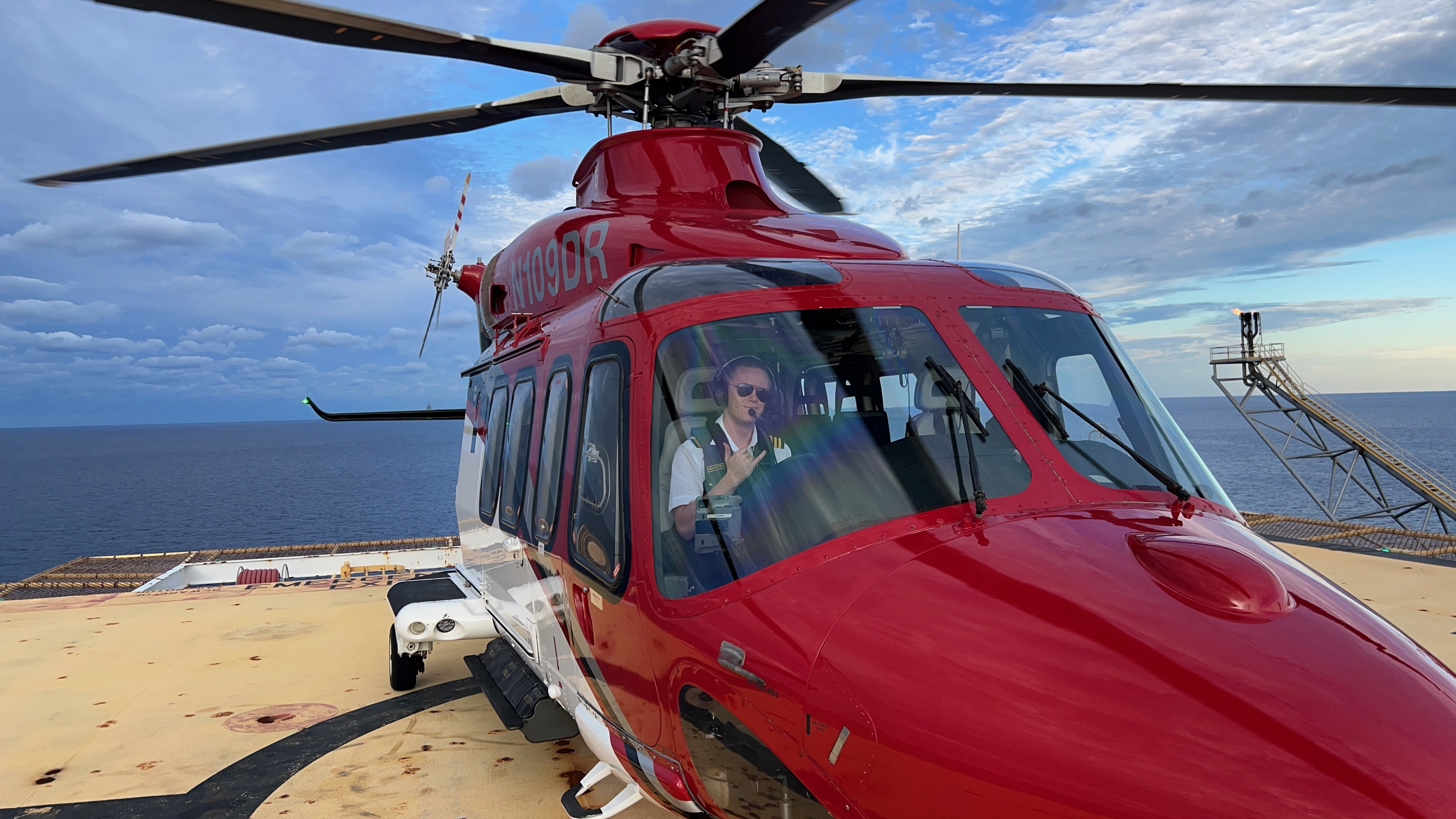 Jack Christensen in a red helicopter.